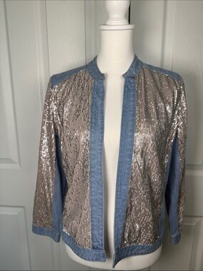 Chico's Silver Sequin Jacket with Light Blue Trim